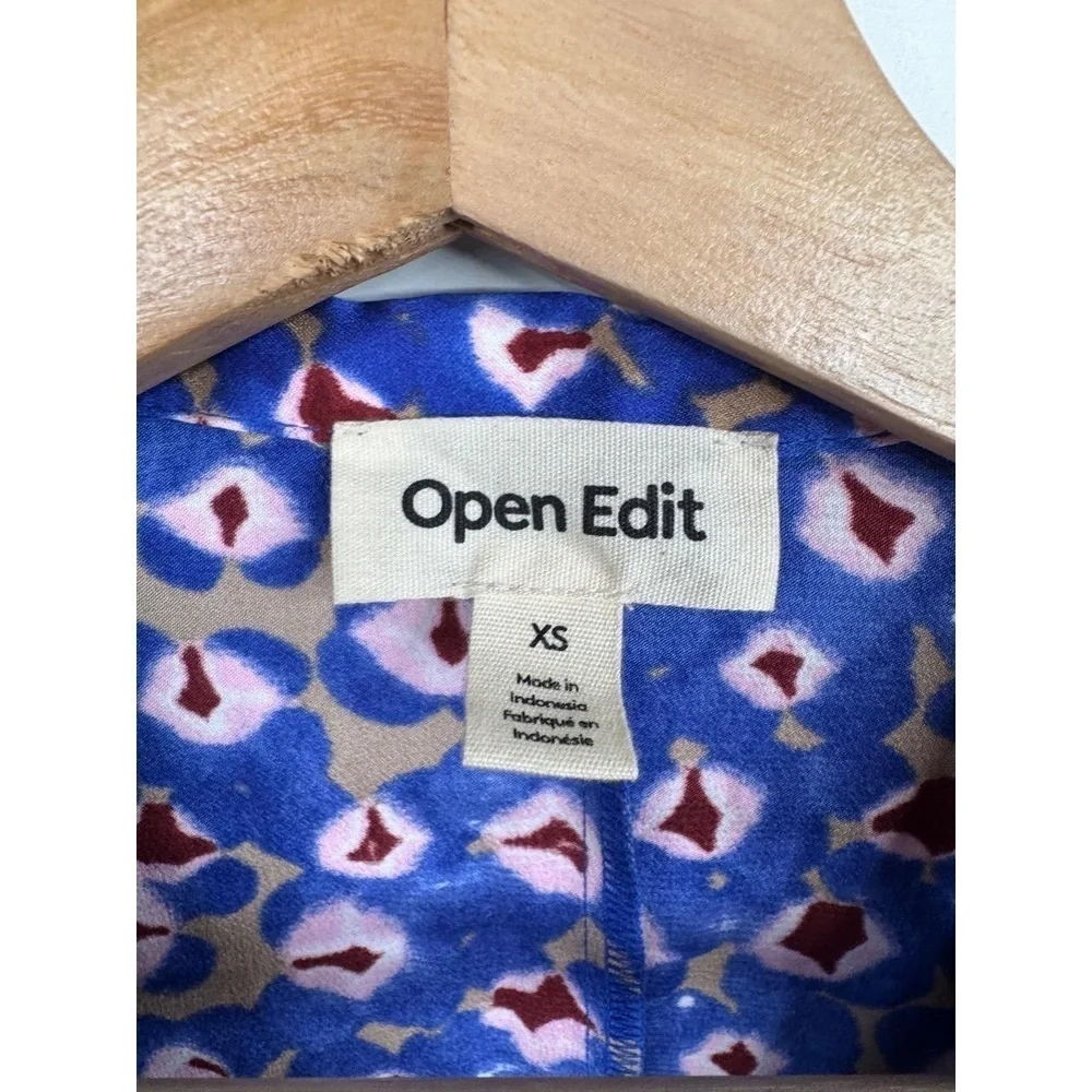 Open Edit Womens Button Up Shirt Blue Multi Abstract Cuffed Sleeve Print Size XS